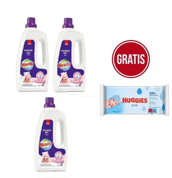 Pachet promo 3 X Detergent Sano Maxima Sensitive Baby 20 spalari 1L + GRATUIT Servetele umede Huggies Pure 56buc